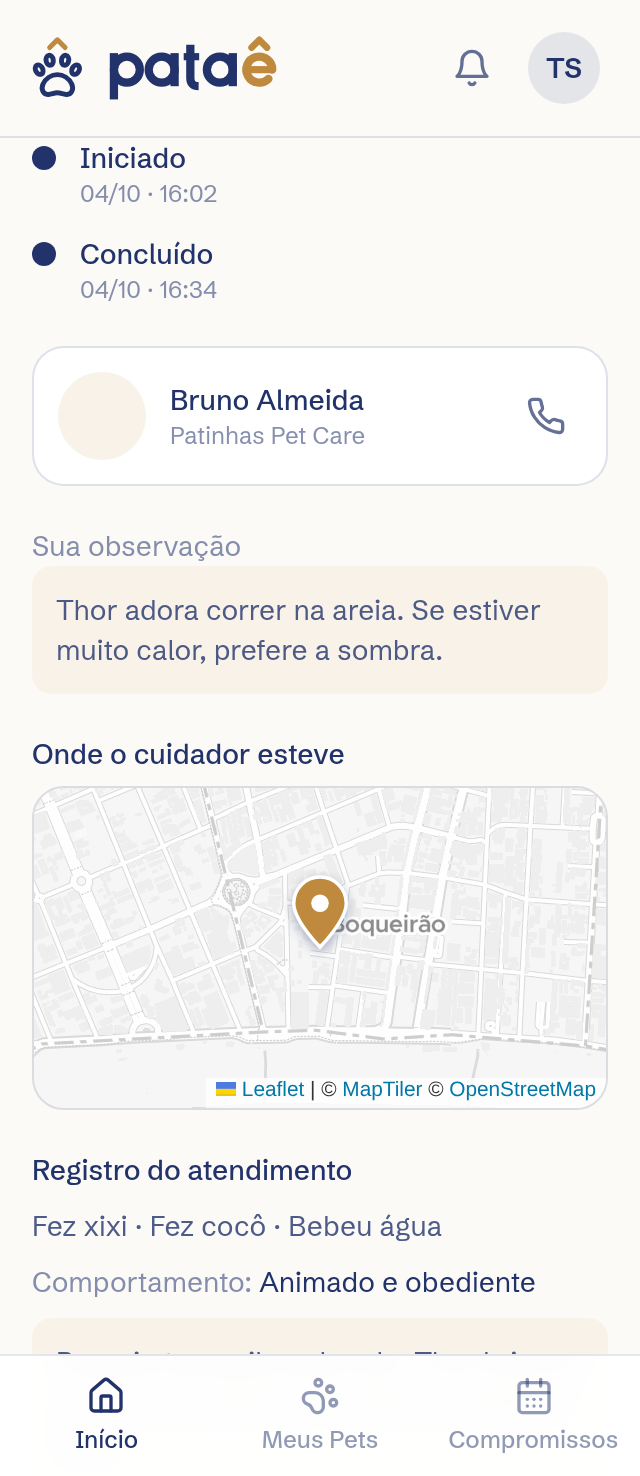 Tela de acompanhamento: linha do tempo do atendimento e o mapa de onde o cuidador esteve