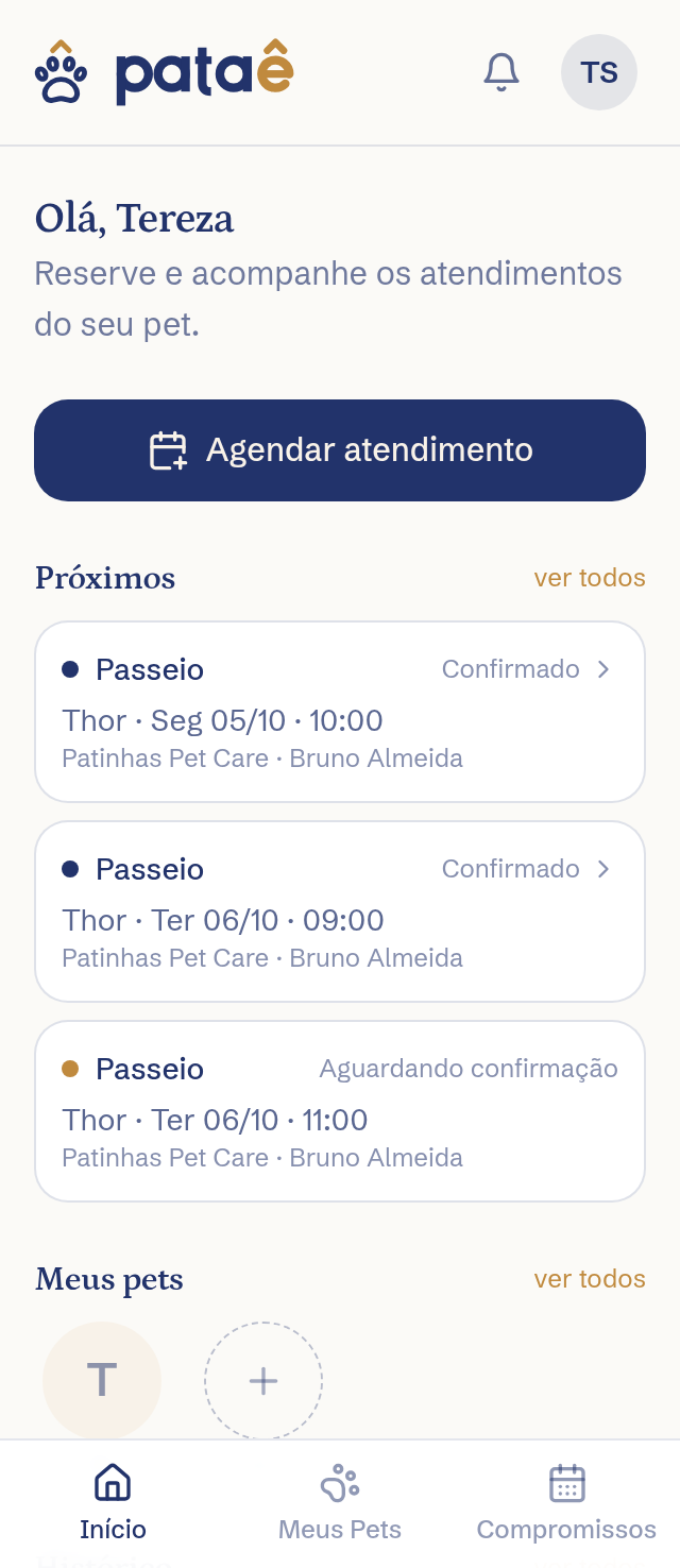 Tela inicial do app: próximos atendimentos e a lista de pets